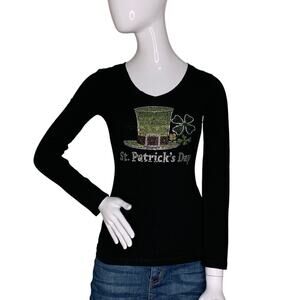Rosio St Patrick's Day Rhinestones Top Long Sleeve V-Neck Size S